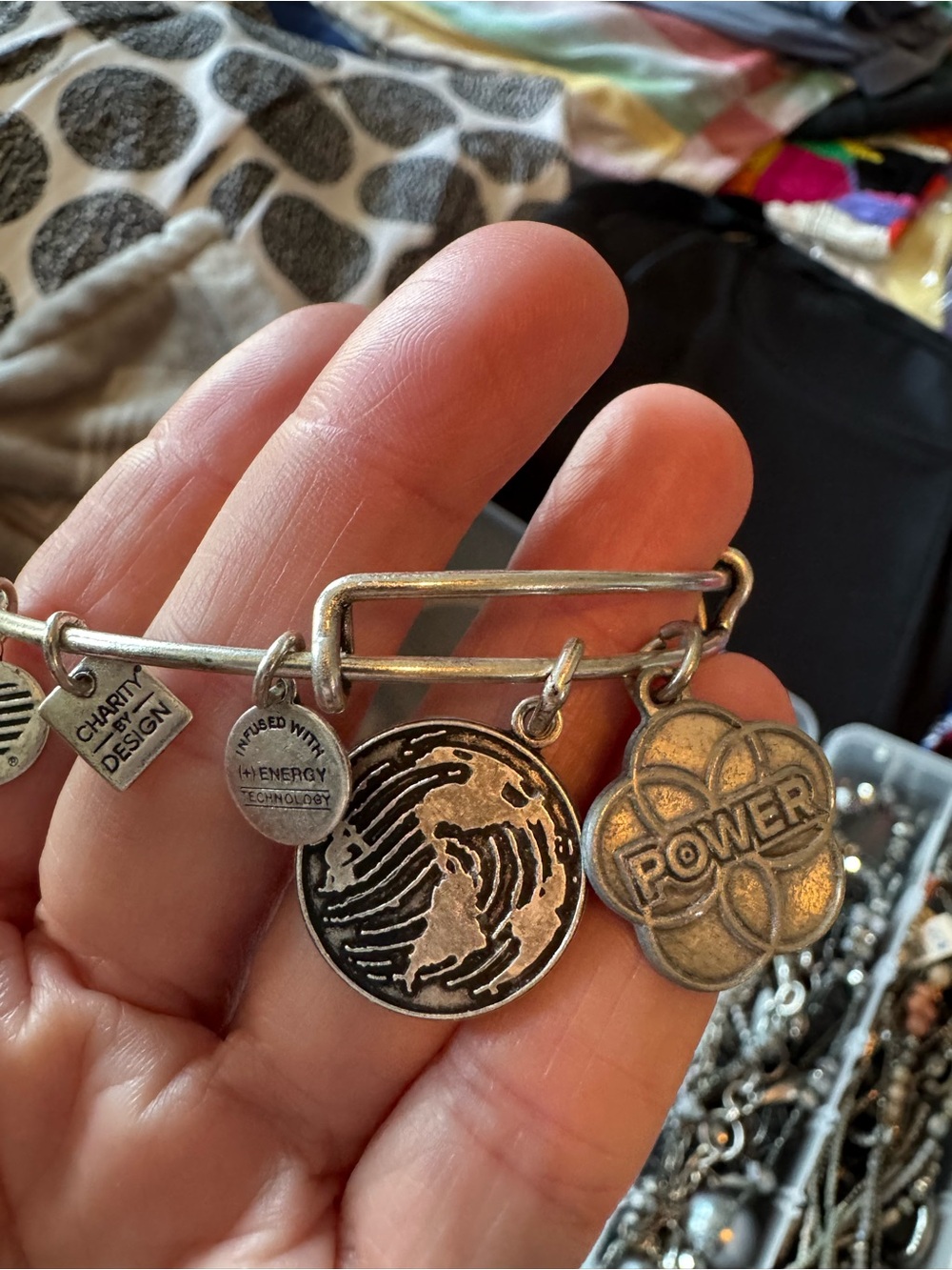 Silver-Tone 'Power' & World Charm Bangle Bracelet